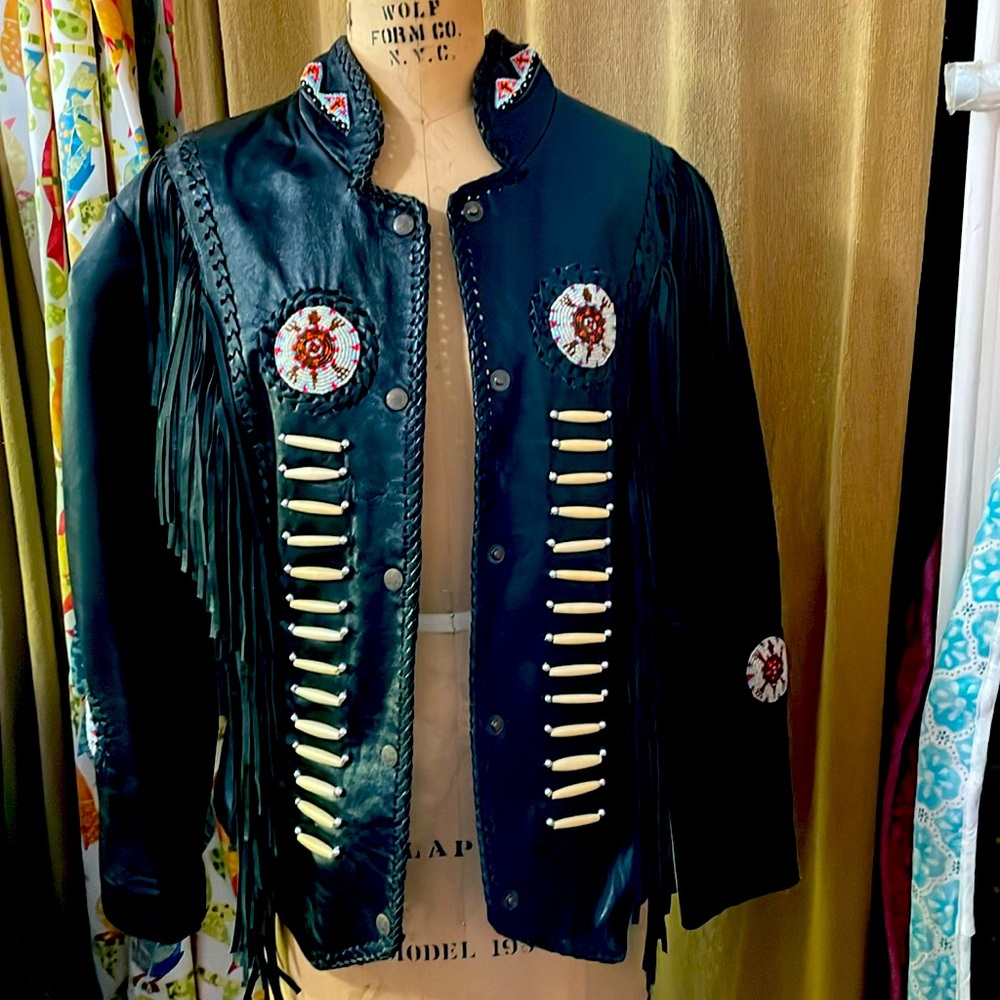 Women’s Black Leather fringed, beaded Jacket, Size Medium